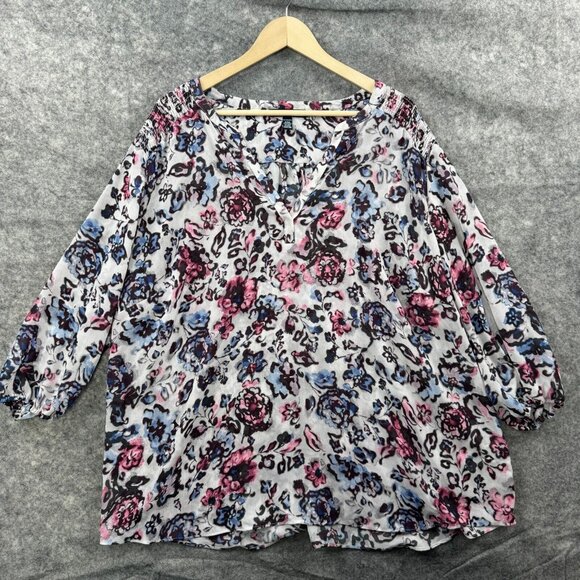 Chaps Top Womens Plus Size 3X Blue Pink Floral Popover Flowy 3/4 Sleeve V Neck - Picture 1 of 8